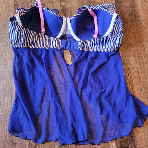 Frederick's Of Hollywood Blue White Pink Stripes Mesh Ruffle Babydoll Negligee - Picture 2 of 4